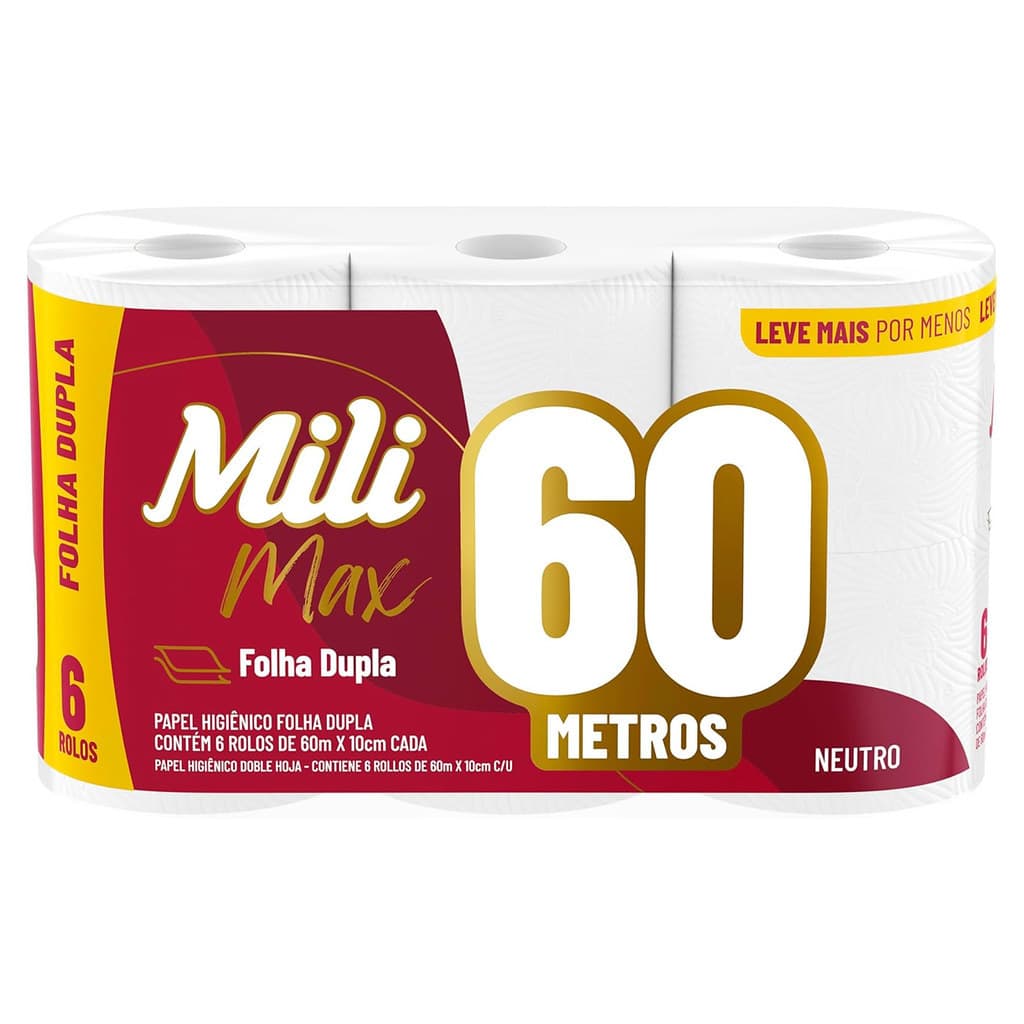 Papel Higiênico Folha Dupla Mili 6 Rolos com 60 Metros Max Neutro / Super Macio - Pacote com 360 Metros