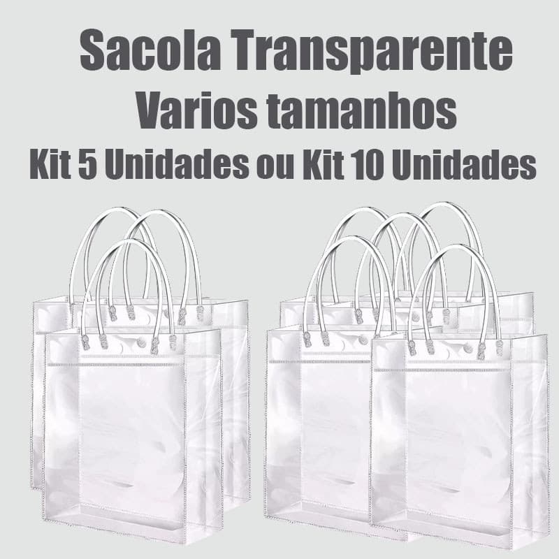 Kit 5/10 Unidades Sacola PVC Transparente para Presente, Vários Tamanhos