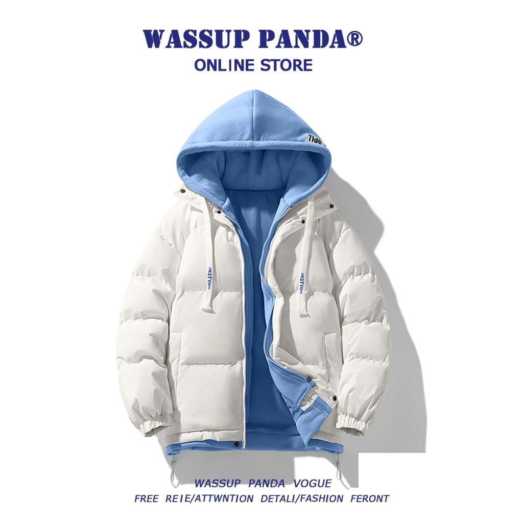 WASSUP PANDA Jaqueta falsa com capuz de duas peças masculina jaqueta de algodão juvenil de inverno jaqueta de algodão qu