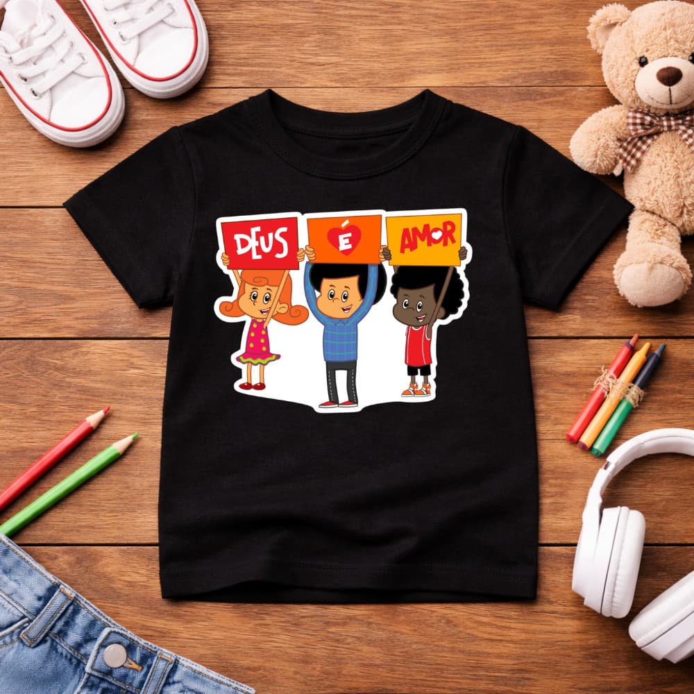 Camisa camiseta infantil cristã 3 palavrinhas plaquinhas Deus é Amor 100% Algodão