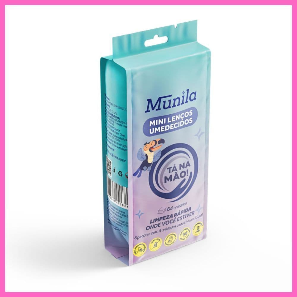 Mini Lenços Umedecidos Munila - TA NA MÃO! / 8un /14cm x 15cm cada (BRINDE)