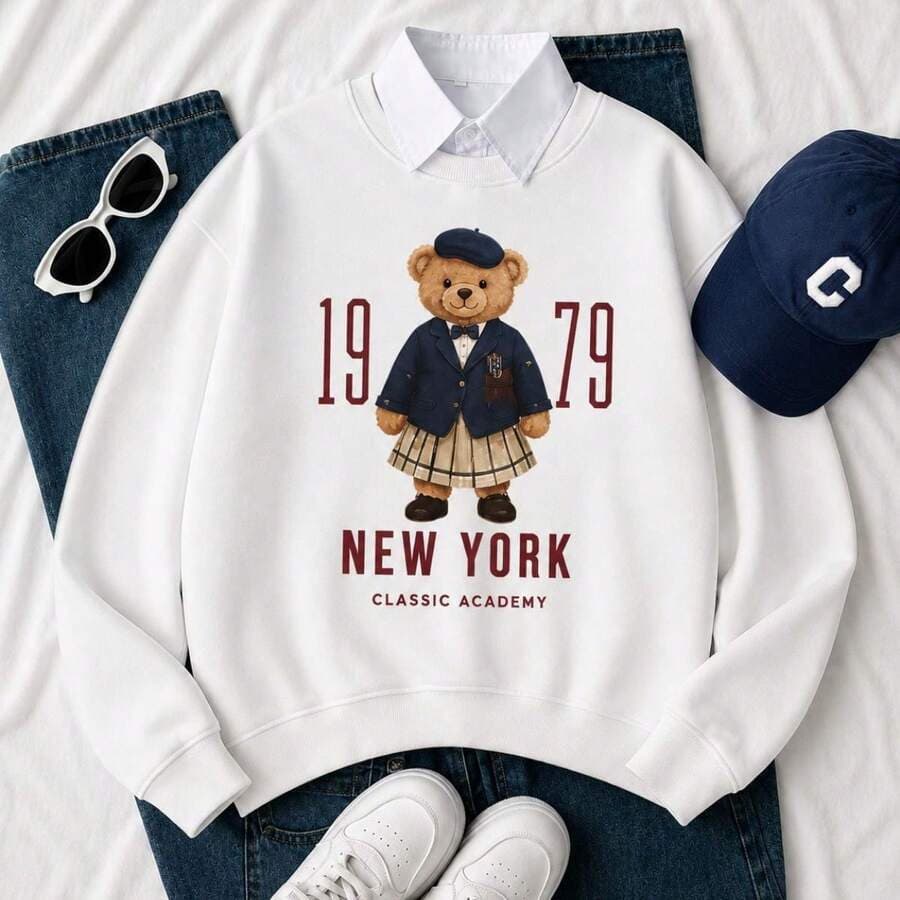 Moletom Feminino Urso Vintage New York 1979 Gola Redonda Blusa Quentinha Estilo College Aesthetic Fashion Premium