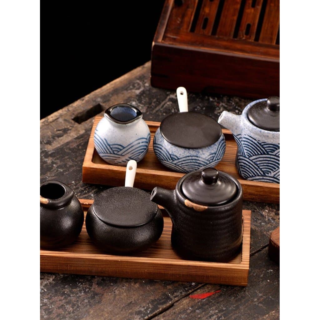 Garrafa de tempero de cerâmica retrô chinesa, pote de óleo, conjunto de 3 peças, caixa de tempero, pote de pimenta, comb