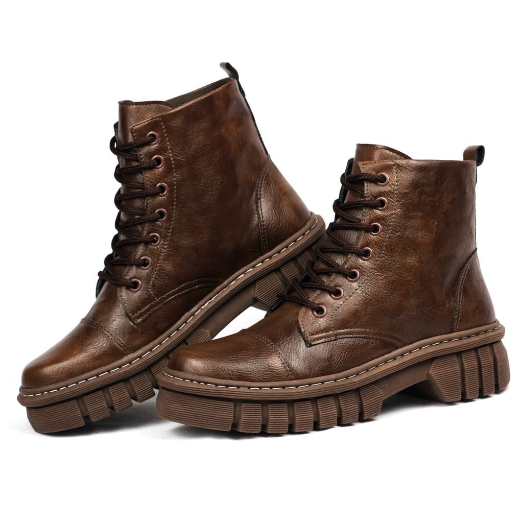 Bota Coturno Feminino Tratorado Café Moderna Na Moda Estilosa de Amarrar