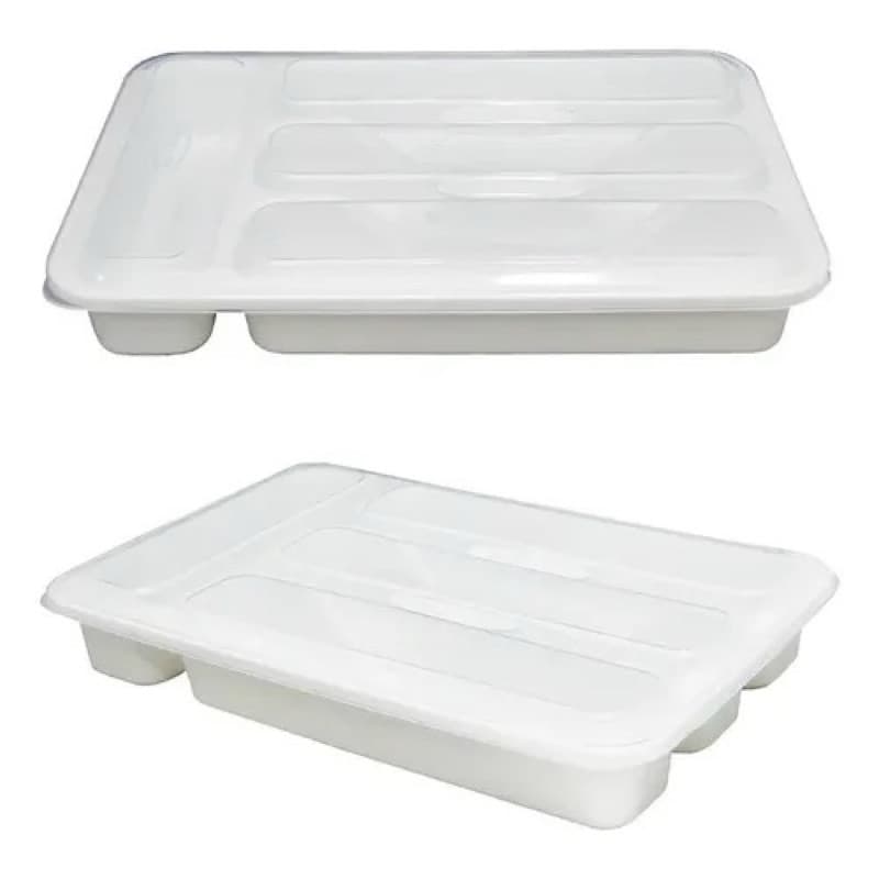 PORTA TALHER DE GAVETA DE PLASTICO BRANCO COM 4 DIVISORIAS + TAMPA 32,5X21X5CM