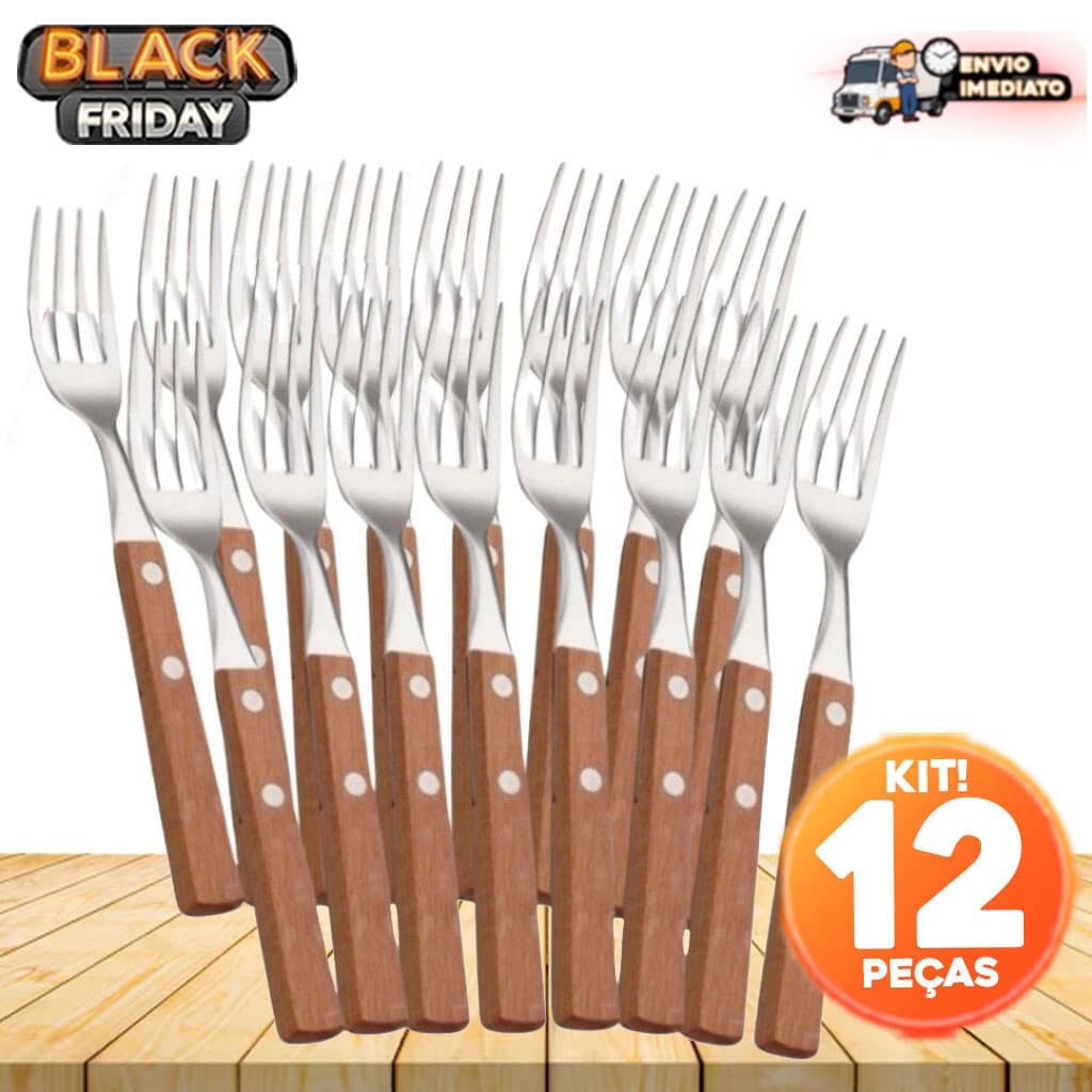 Jogo de Garfo 12 Peças Inox Cabo de Madeira – Ideal para Cozinha, Restaurante e Bares