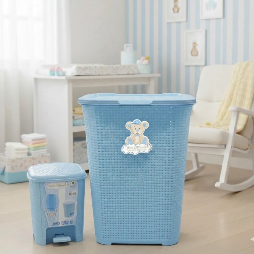 Kit Quarto Infantil Bebê Lixeira Com Pedal 6L + Cesto Roupas 30L Azul