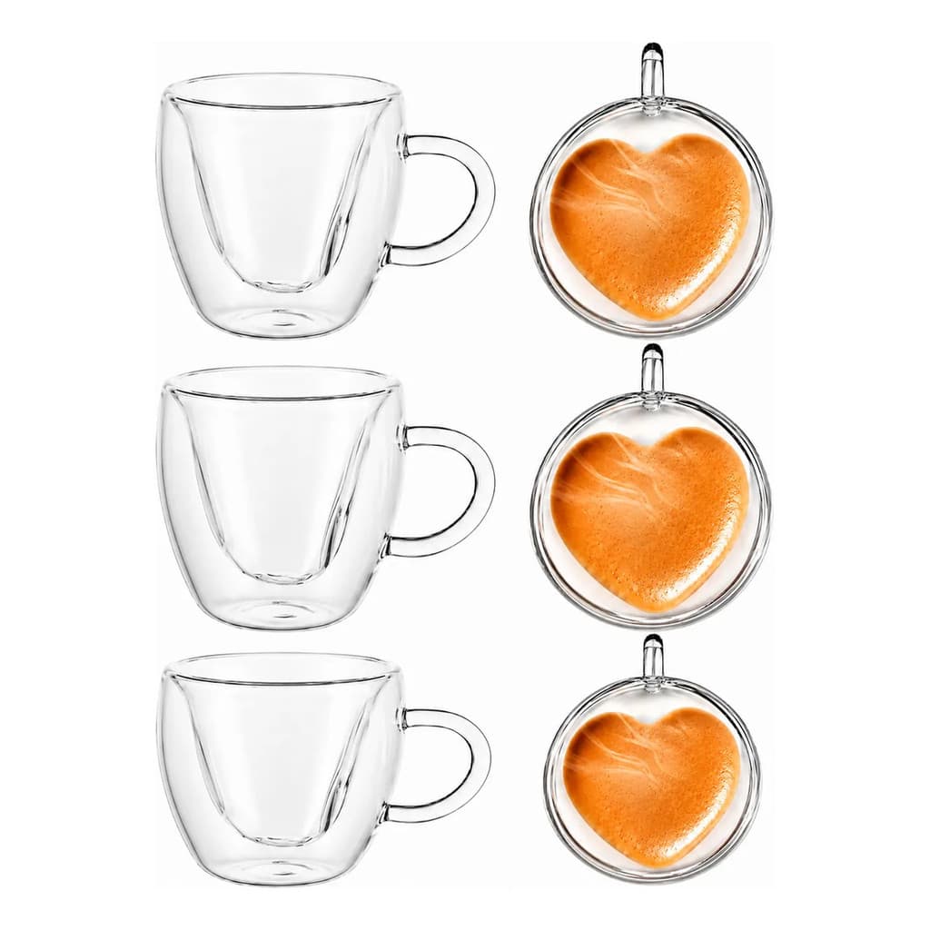 Jogo 6 Xicaras Café Coraçao Parede Dupla Borosilicato 180ml
