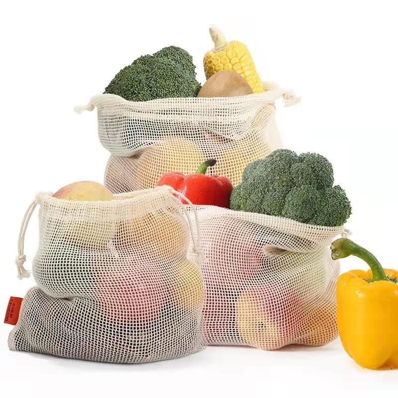 Saco de malha de frutas de algodão puro vegetal supermercado compras cordão saco de pano de malha ambientalmente amigáve