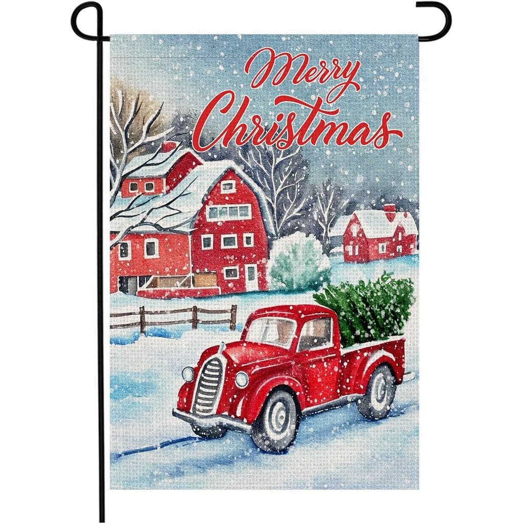 Bandeira de Jardim Doncida Feliz Natal 12x18, Dupla Face, em Juta, com Caminhão Vermelho, Árvore de Natal e Frase Rústic