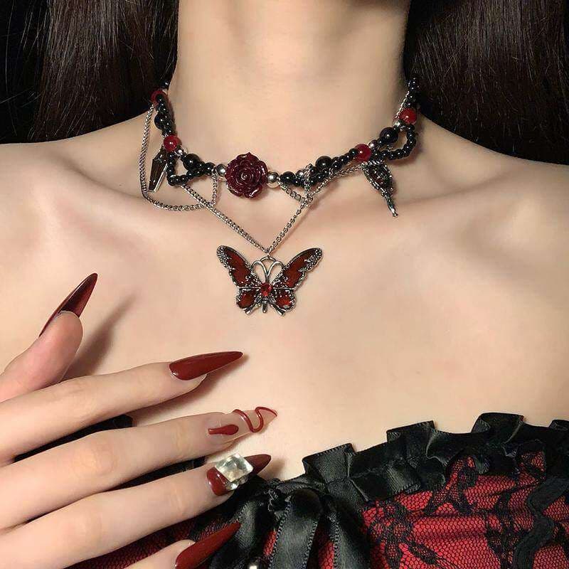 colar colar aço inoxidável HEY TAO escuro orangotango borboleta vermelha gargantilha colar Retro gótico estilo Punk qu
