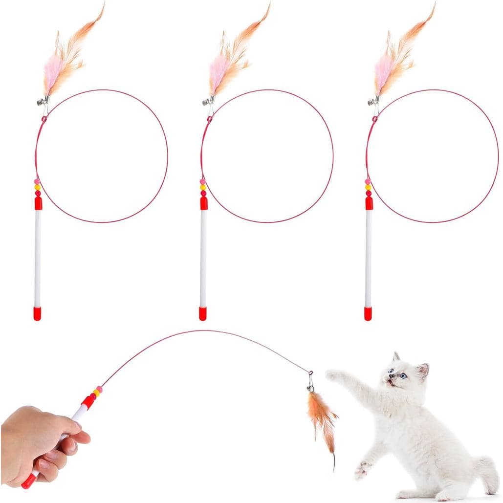 4 Peças de Brinquedos de Pena para Gatos, Varinha de Brinquedo para Gatos com Sino e Contas, Varinha de Arame para Exerc