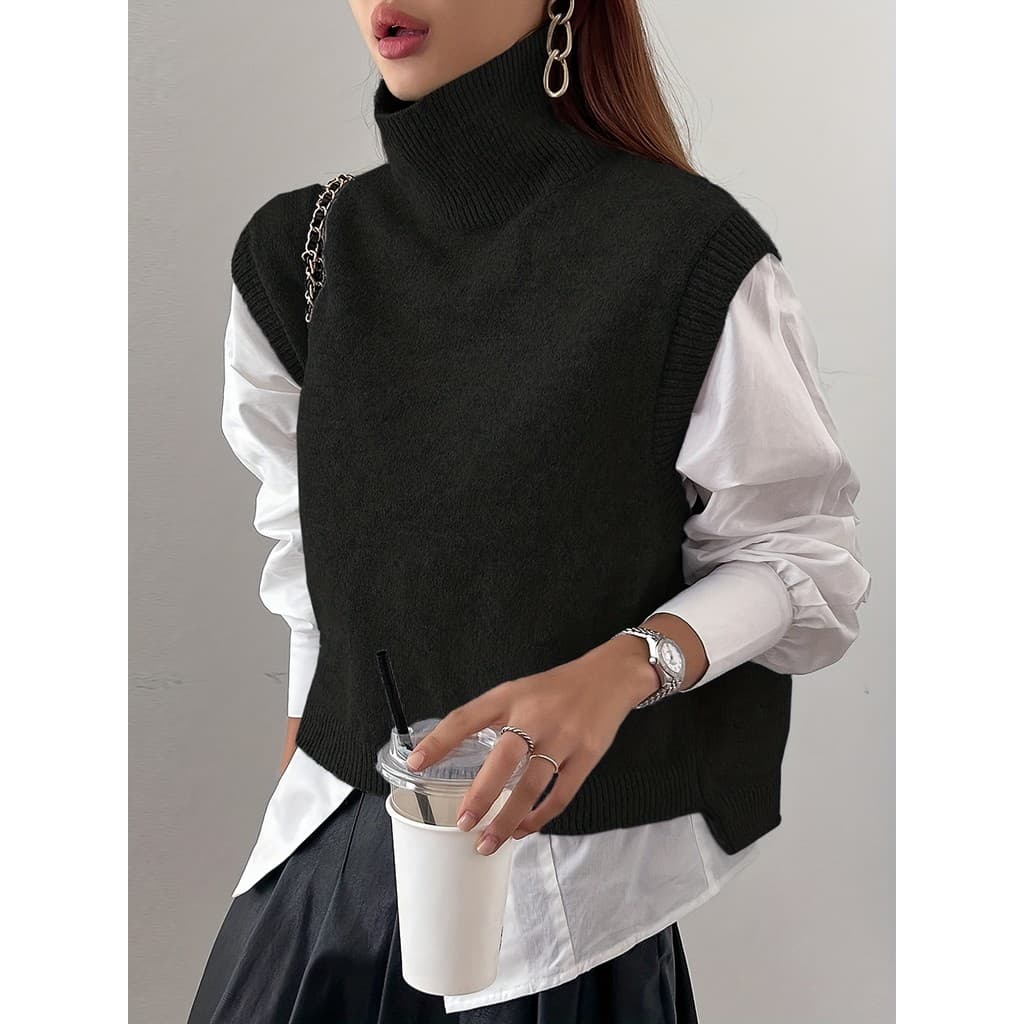 Colete de Suéter Feminino Oversized e Fofo para o Inverno, Elegante e de Gola Alta