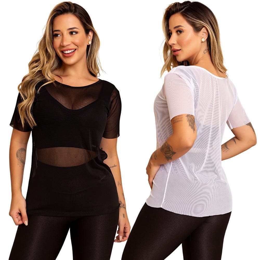 Kit 2 Blusa Feminina Transparente De Tule Manga Curta Camiseta Academia Treino Fitness Musculação
