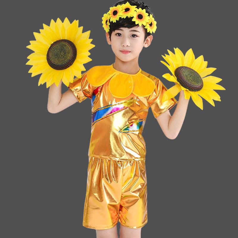 Dia das crianças traje de desempenho das crianças Xiaohe escolhendo flores sol mostrar meninos meninas dança girassol