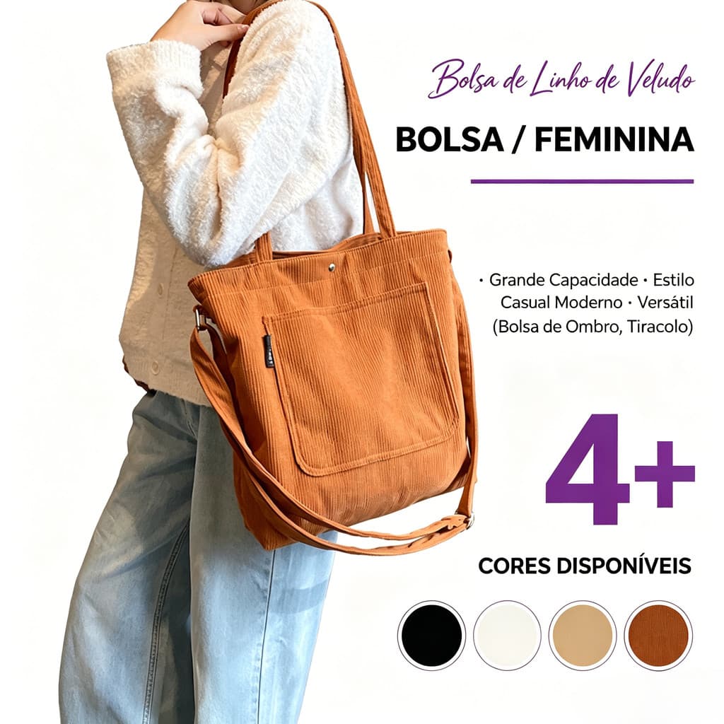 Bolsa Tote Feminina em Veludo Cotelê, Grande Capacidade, Ombro e Transversal, Casual Moderna