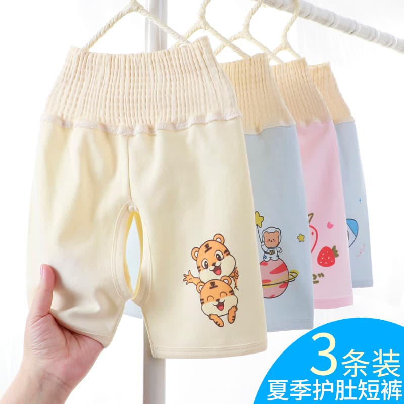 Shorts de bebê verão estilo fino algodão puro 1 ano de idade bebê cintura alta calças de proteção da barriga aberto Casu