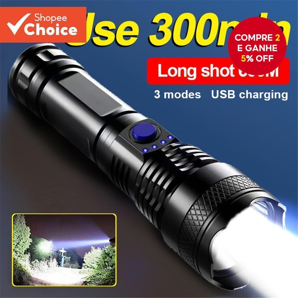Lanterna USB 18650 300 Minutos Carregável Luz Forte 3 Modos À Prova d'Água para Camping e Caminhada