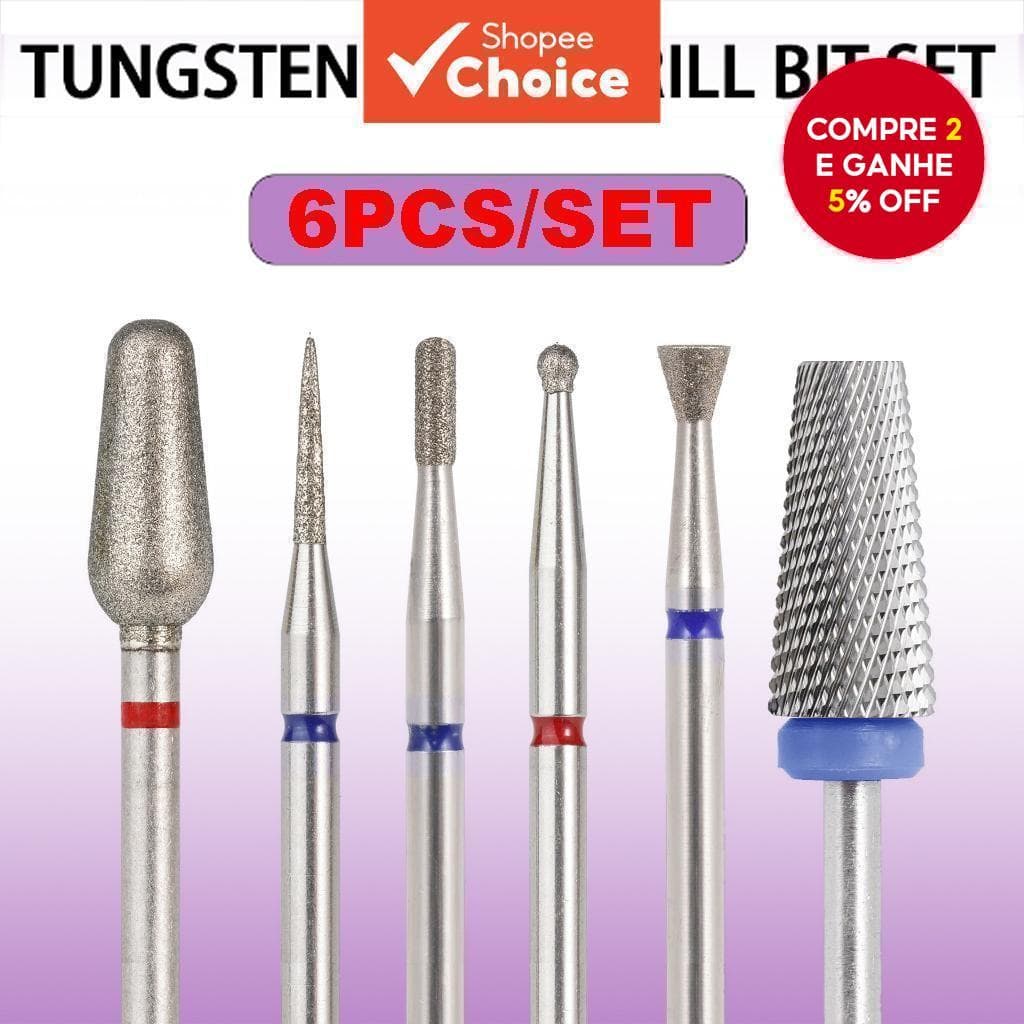 Kit de 6 peças de brocas de diamante/aço tungstênio para manicure, acessório para cortador elétrico, máquina de