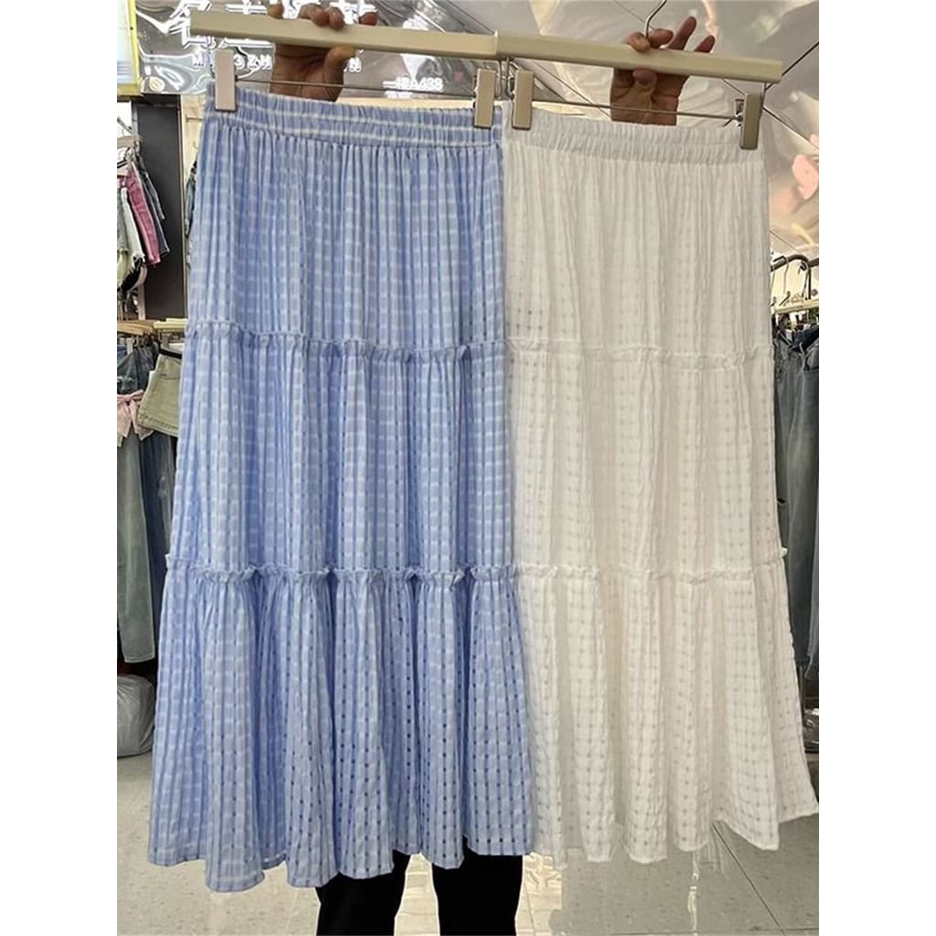 Pequeno fresco xadrez A linha saia feminina primavera verão estilo fino novo estilo cintura elástica fungo borda costura