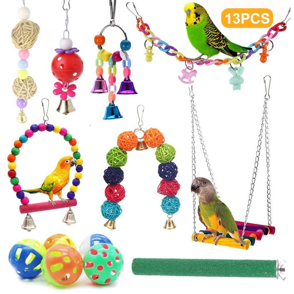 ♥ RAN 13Pcs/Conjunto De Brinquedos Cockatiel Kit De Múltiplas Cores Resistente À Mordida Natural Papagaio Bola De Baloiç