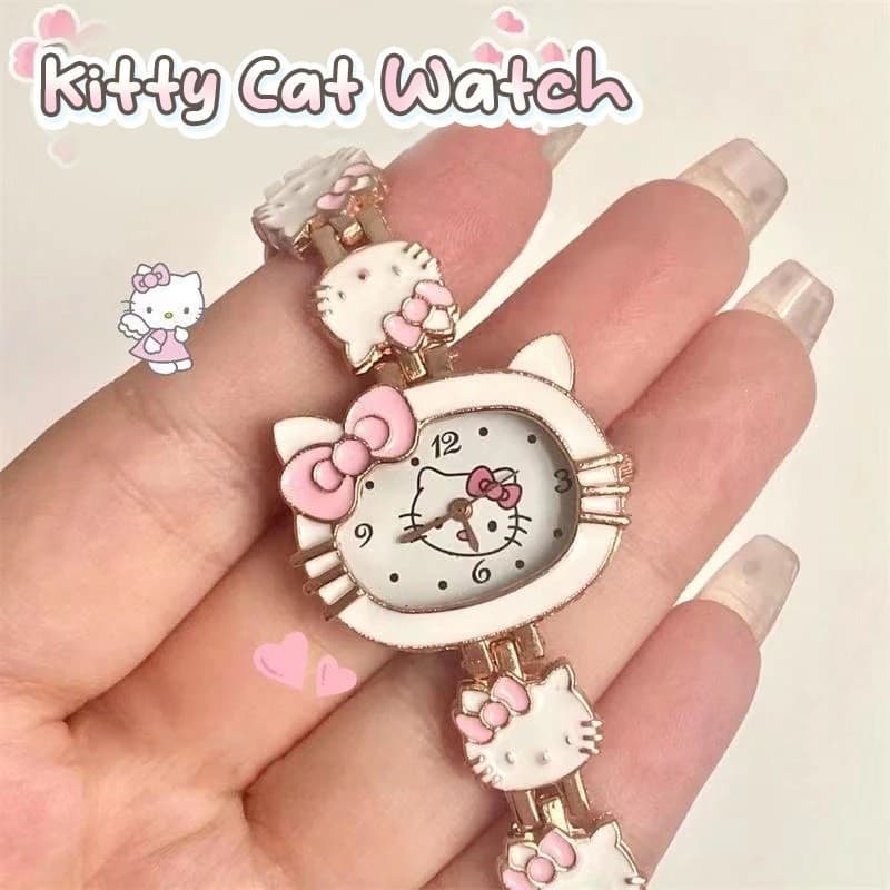 Relógio Casual de Quartzo Hello Kitty para Mulheres e Meninas, Relógio Eletrônico de Quartzo com Laço Doce e Gato, Relóg
