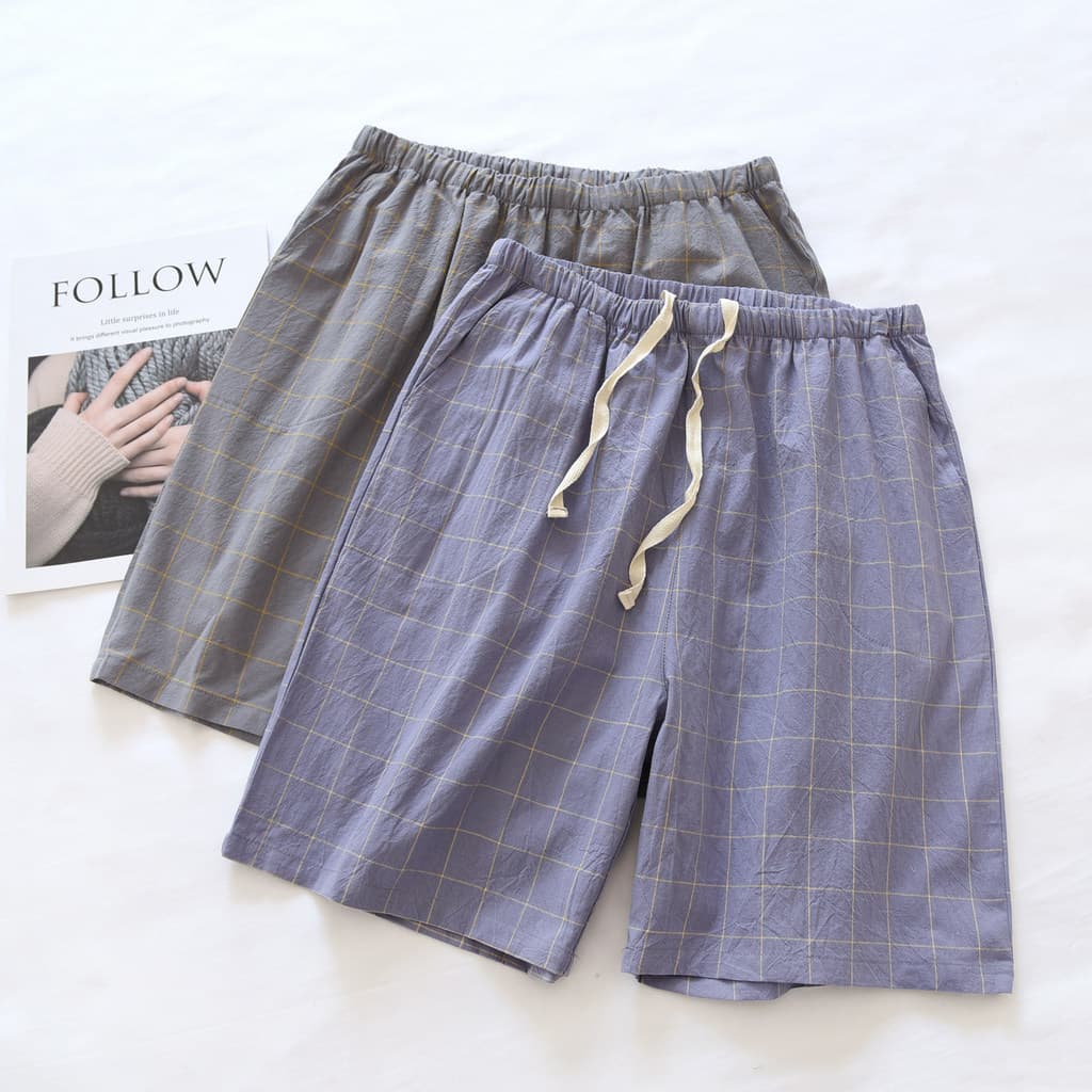 Calças de pijama xadrez japonesas Shorts masculinos verão puro algodão estilo fino algodão lavado calças para casa calça
