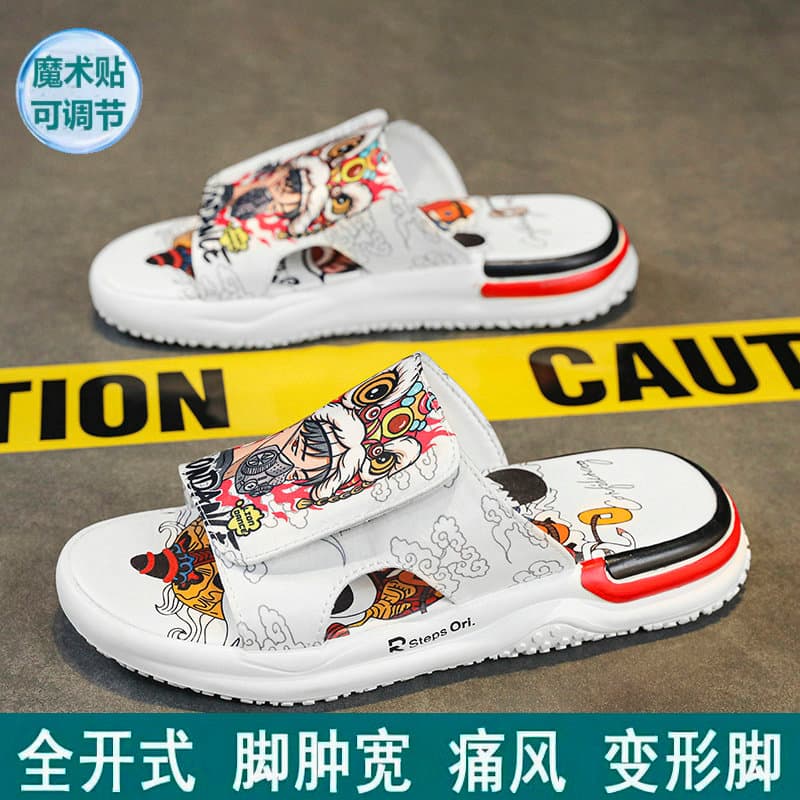 Chinelos de Velcro ajustáveis masculinos na moda nacional pés gordos sandálias largas e gordas uso externo dor vento inc