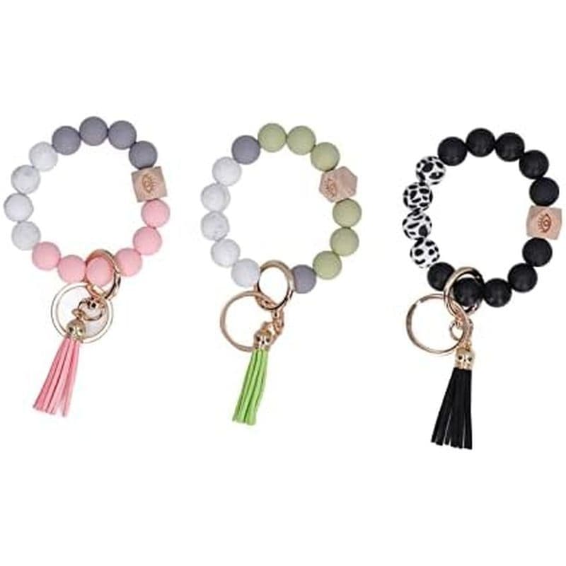 Pulseira De Chaveiro Haofy Com Contas De Silicone E Borlas De Couro PU Para Carteira De Bolsa De Chaves-De Metal Sólido