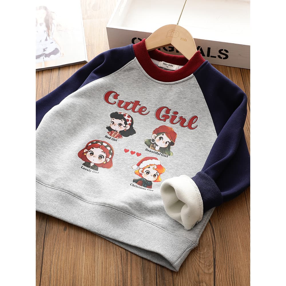 Meninas versão coreana mangas Raglan forro de lã moletom versão coreana estilo ocidental meninas inverno impresso camisa