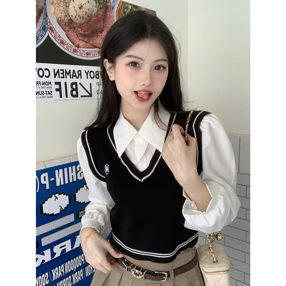 Falso de duas peças retalhos malhas femininas 2026 primavera novo estilo Design gola polo estilo Preppy exterior usar ma