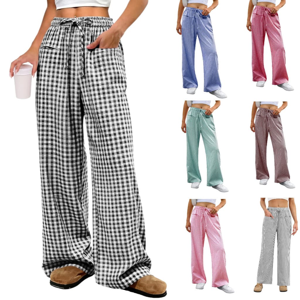Europeu americano primavera verão novo estilo feminino cintura alta perna larga verificação padrão cordão casa Casual so