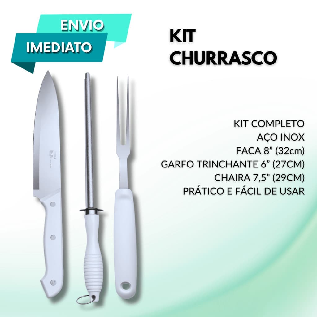 Kit Churrasco Inox 3 Peças Faca 8" 32cm Garfo 6" 27cm Chaira 7,5" 29cm Premium Casa Churrascaria Uso Profissional