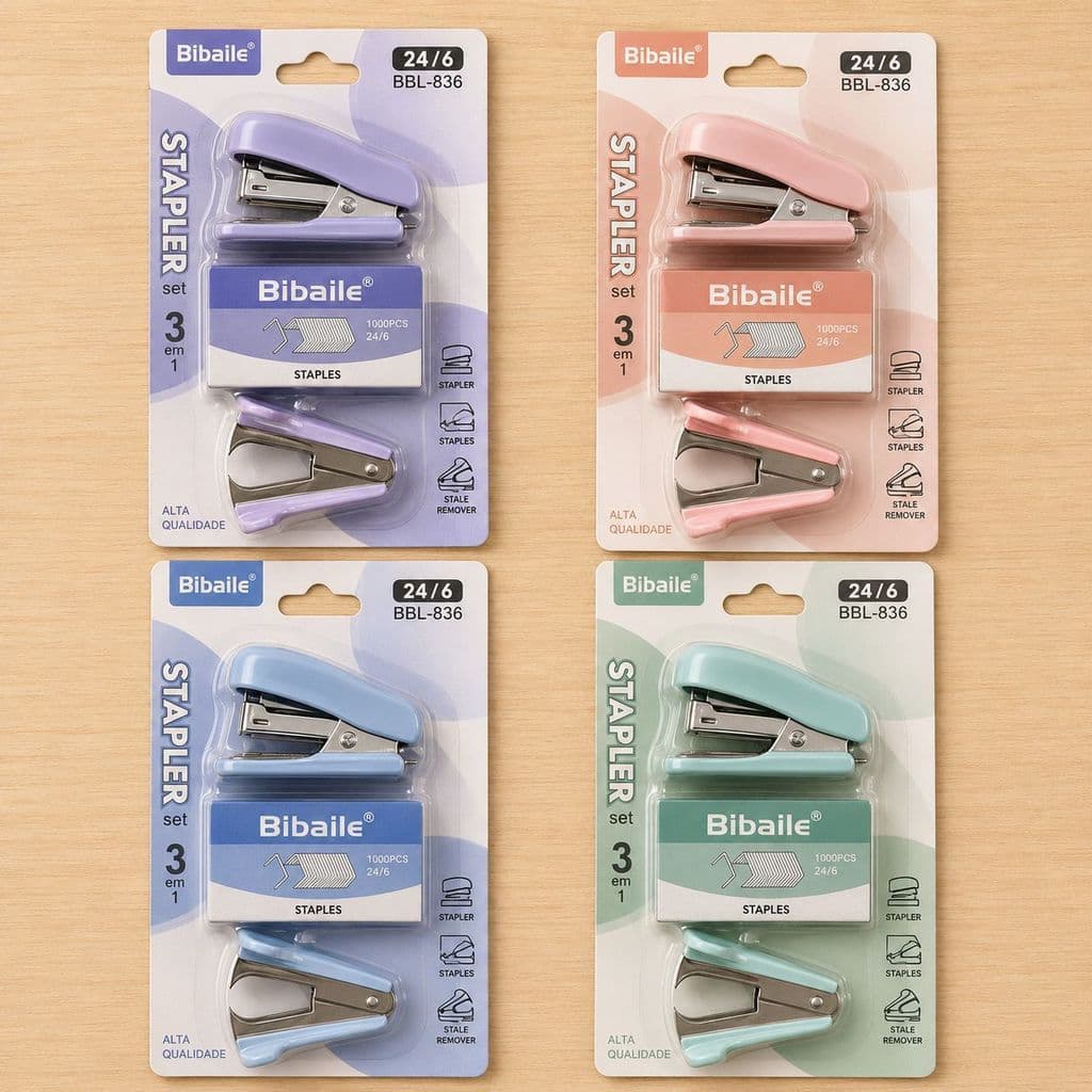 Kit 3 Peças Grampeador 24/6 Com Caixa de 1000 Grampos e Removedor