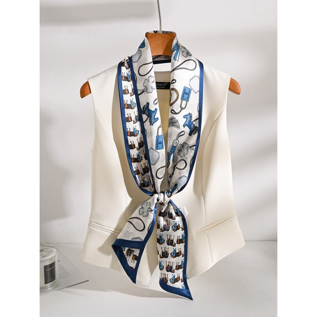 Lenço de seda azul feminino 2026 novo estilo pequena tira longa primavera pescoço fino High-End camisa estreita combinan
