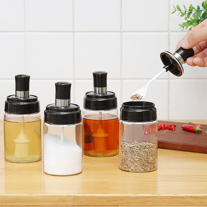 Frasco de vidro para temperos, frasco de temperos com tampa e colher integradas, frasco transparente com pincel para óle