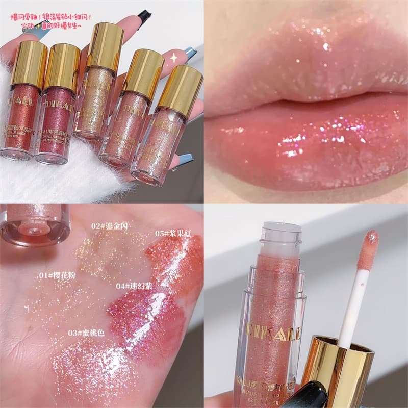 Novo estilo piscando brilho labial pequeno raspado gelo piscando espelho lábio orvalho Dududu brilho de água labial fino