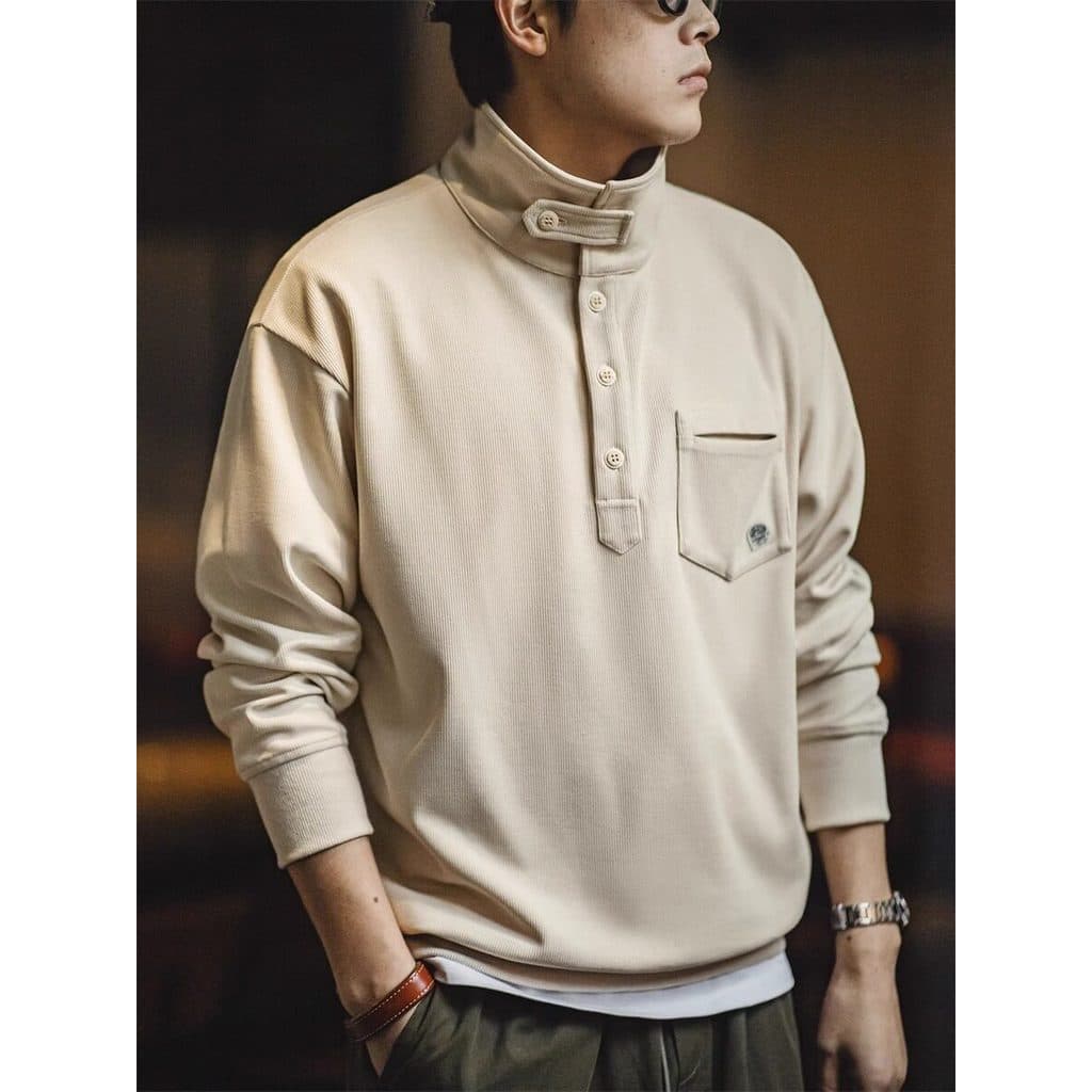 Moderno Workwear americano Casual meio cardigã gola alta moletom estilo preguiçoso lapela malha Polo camisa masculina pr
