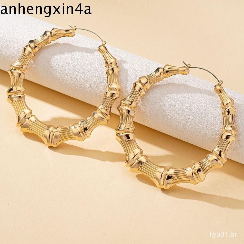 ANHENGXIN Argolas Redondas Grandes , Brincos Articulados De Bambu Com Textura Design Retro , Europeu-Americano
