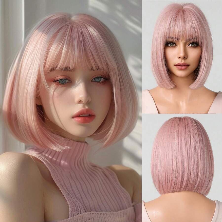 TOP HAIR MAYA-203 Peruca Bob Rosa Claro com Franja Fibra Orgânica Premium Efeito Natural Cosplay Anime Pronta Entrega