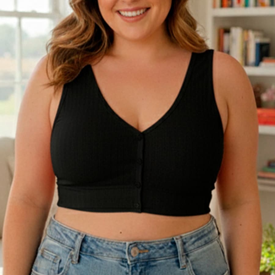 Top Plus Size Canelado Fecho Frontal Botões Alça Grossa Bojo Embutido Costa Larga