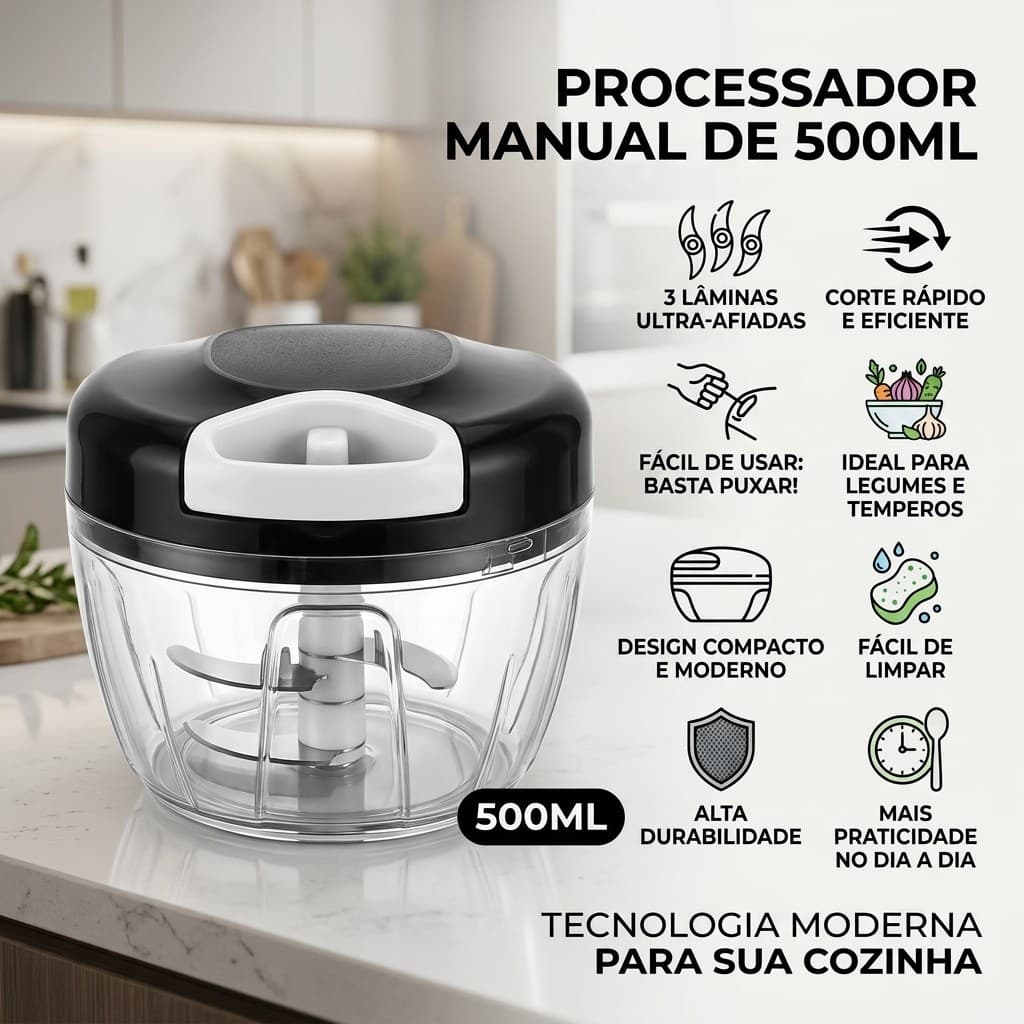 Processador Triturador De 500ml Grande De Alimentos Manual 3 Laminas