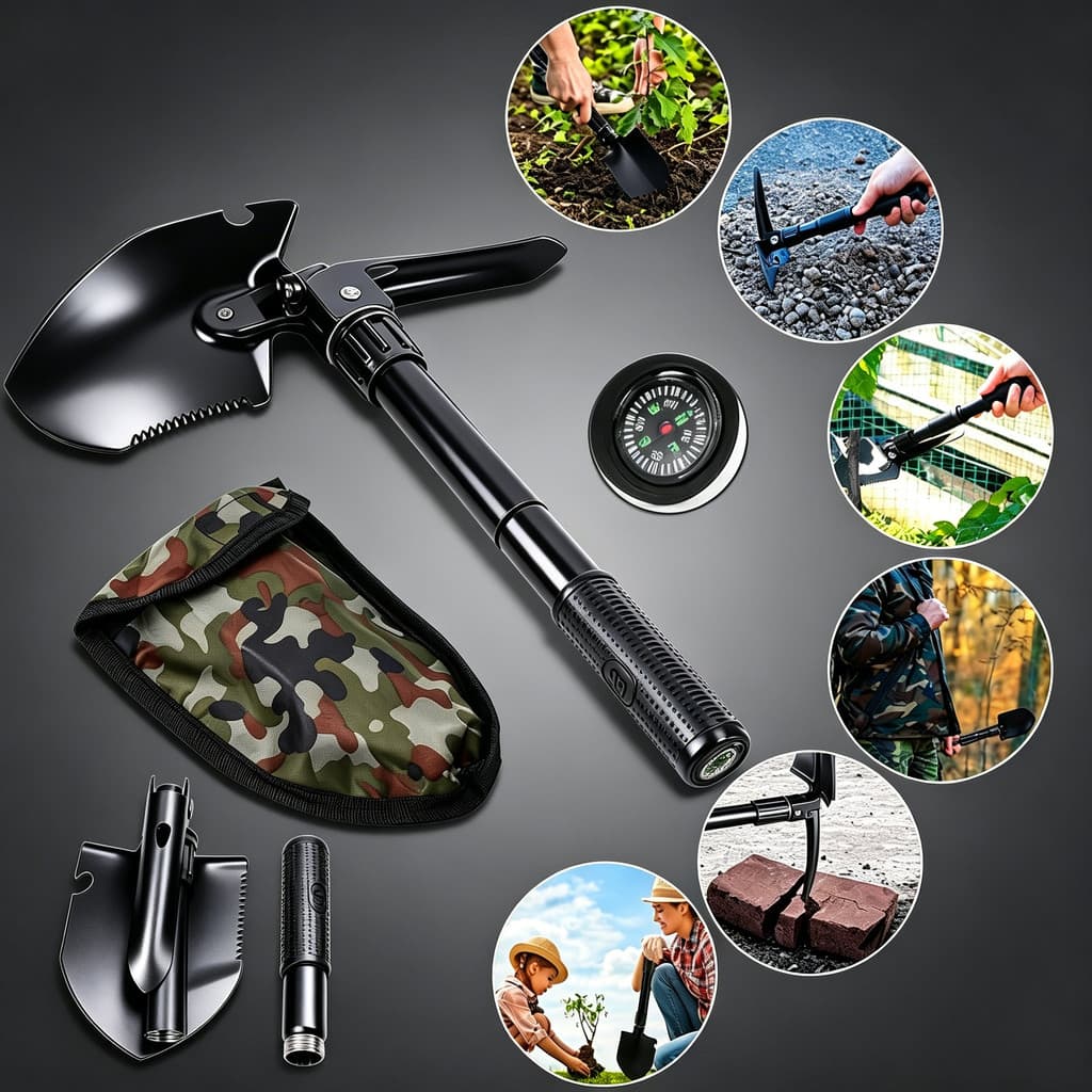 Kit Pá Dobrável + Multiuso Aço Resistente Portátil Ideal para Carro, Camping e Emergência
