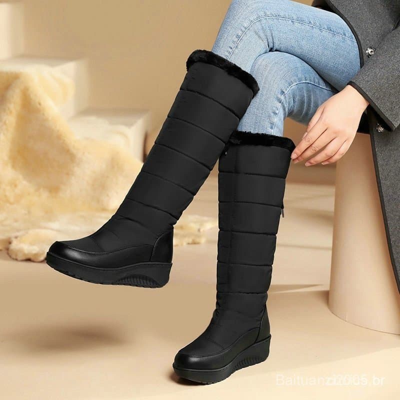Botas de Neve Impermeáveis de Algodão para o Inverno, Botas Femininas de Cano Médio, Bico Redondo, Sola Grossa, Botas de