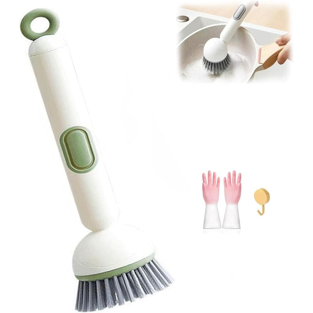 Escova de lavar louça rotativa 6 em 1 com dispensador de detergente, escova para lavar louça com dispensador de sabão, 3