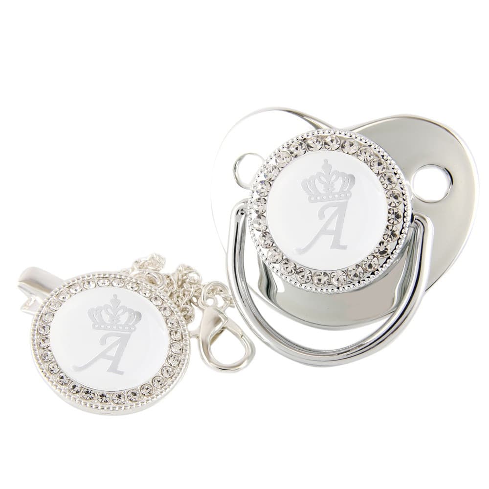 Chupeta Brilhante para Bebê Prata com 26 Letras, Chupeta de Silicone com Clipe de Chupeta com Strass WC0V