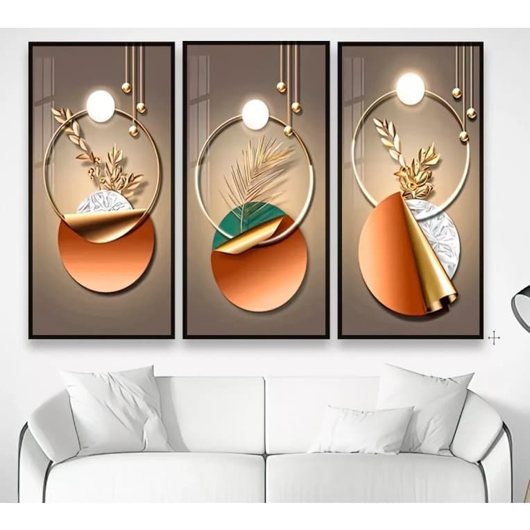 Quadro decorativo abstratos Gold geométrico dourado 3 peças sala quarto cozinha escritório decoração