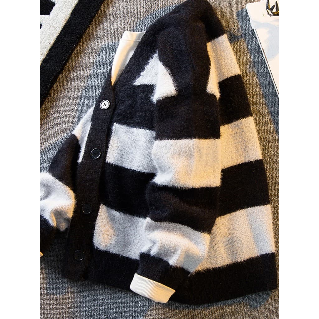 Produtos da moda Horizontal com decote em V contraste cor listrado preguiçoso camisola masculina outono inverno estilo c
