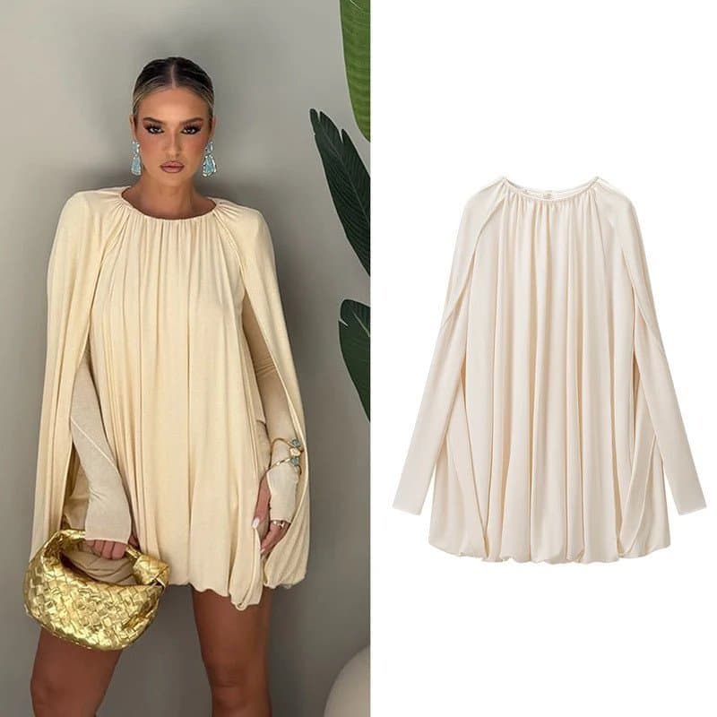 Vestido Elegante Feminino de Moda Primavera Verão, Manga Longa, Estilo Capa, Plissado, Solto, para Uso Casual e Festas