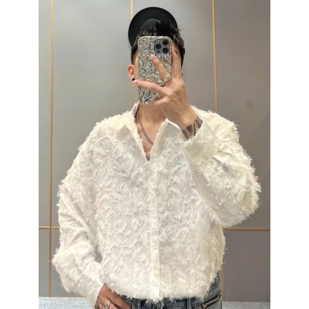 Xiaoxiang estilo borla pena camisa masculina High-End Jacquard solto de manga comprida estilo palácio camisa de lã influ